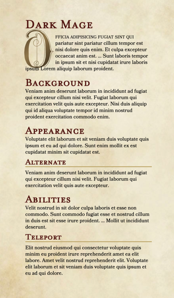 An example Homebrewery document showing 3 different levels of header elements, with lorem ipsum filler text filling each section.