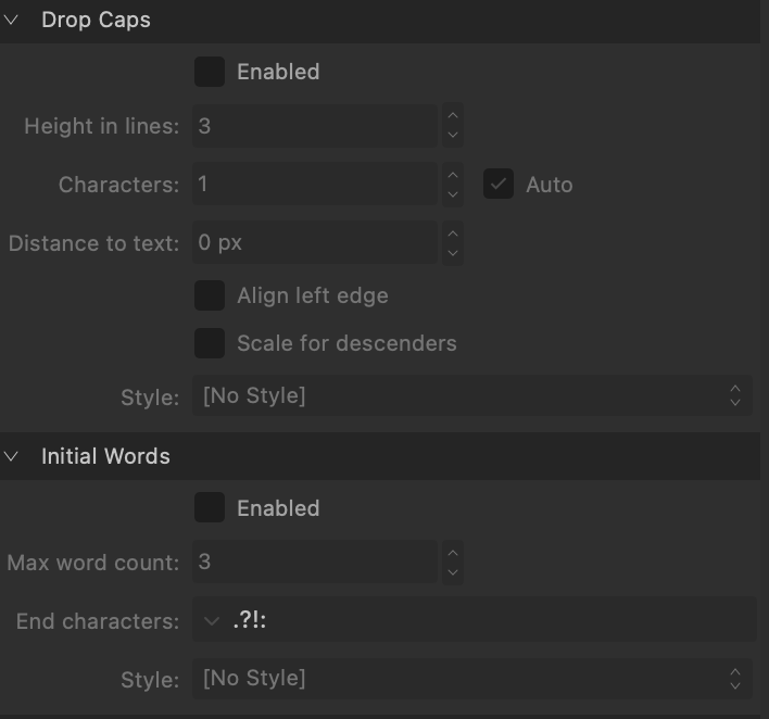 Screenshot of the Drop Caps and Initial Words panels in the Affinity Publisher software.