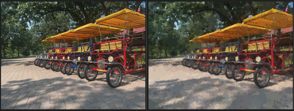 A side by side comparison of images.  The first is a photo of some 4 person bike carts in a well shaded park.  The second image is a copy, but with a paint filter applied to make it look like it is painted with a brush.