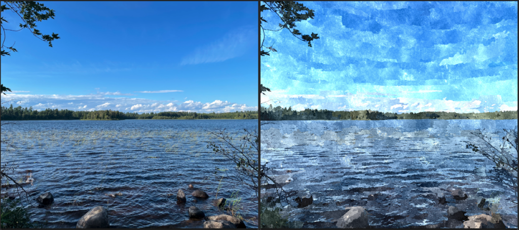 Side by Side images. The left is an original photo of a calm lake, surrounded by pine trees. The second is the same image, but run through a paint filter to make it appear like a watercolor.